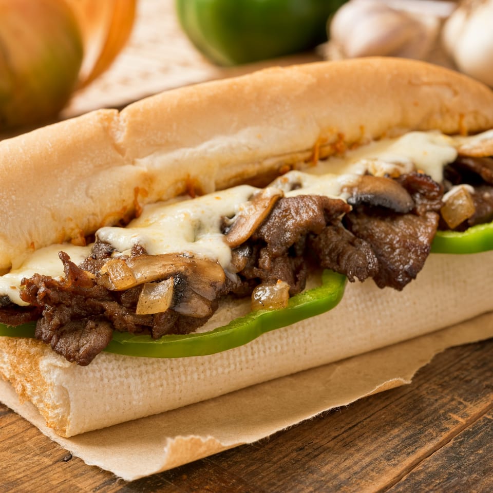 Mancino's Grinder with steak, melted cheese, mushrooms, onions, and green peppers on a wooden table.